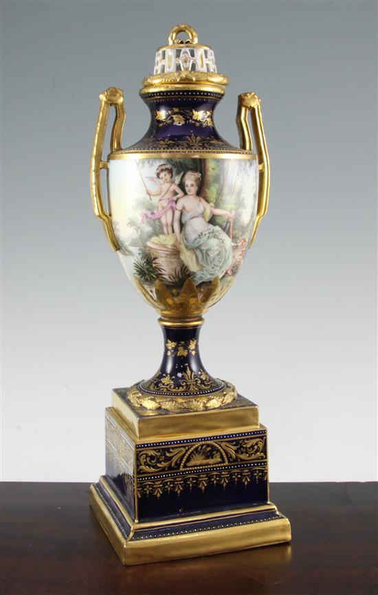 A Potschappel porcelain vase, cover and pedestal, early 20th century 43cm.